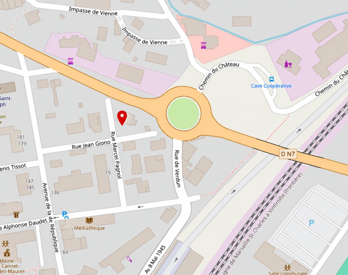 Plan : le cabinet est repéré par un marqueur rouge rue Marcel Pagnol, près du rond-point Saint-Louis, au Cannet-des-Maures